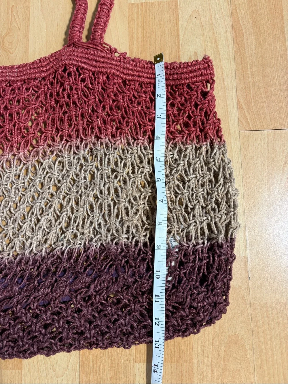 Free People Handwoven Jute Crochet Open Weave Striped Tote Mauve Tan & Plum